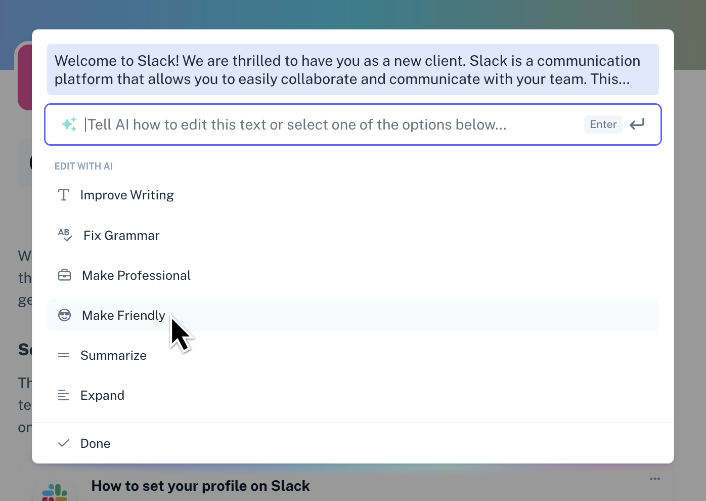 Screenshot of Scribe AI edit recommendations, such as improve writing, fix grammar and make professional. 
