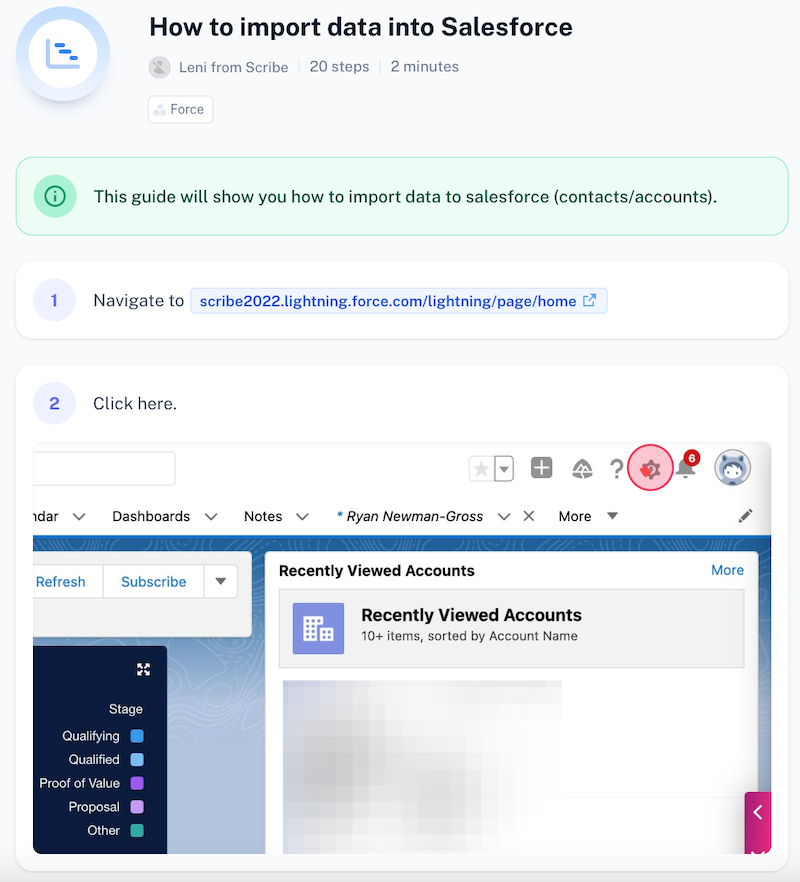 Scribe on how to import data into Salesforce - automate process documentation